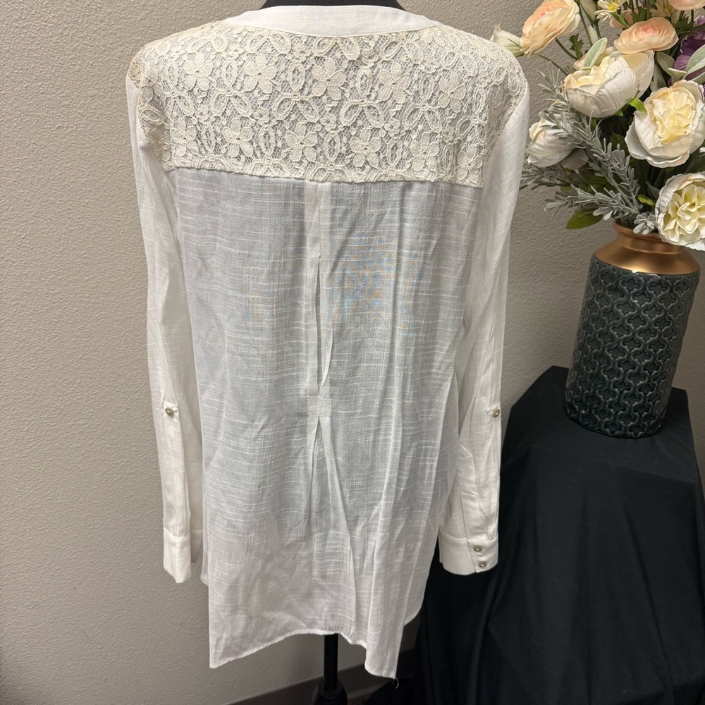 Democracy Cream Lace Yoke Button Front Blouse Top XL Boho Chic Lightweight - Picture 4 of 8